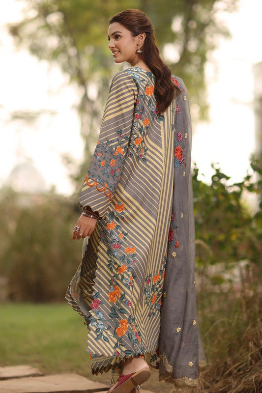 3-PC Printed Lawn Shirt with Embroidered Net Dupatta and Trouser