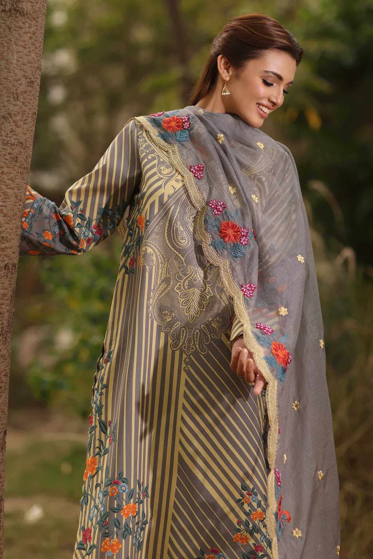 3-PC Printed Lawn Shirt with Embroidered Net Dupatta and Trouser