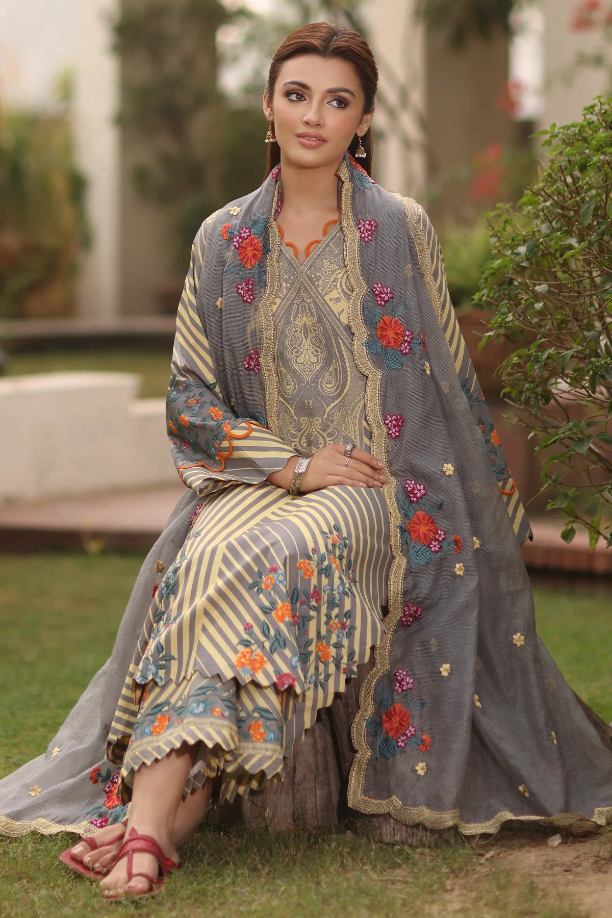 3-PC Printed Lawn Shirt with Embroidered Net Dupatta and Trouser