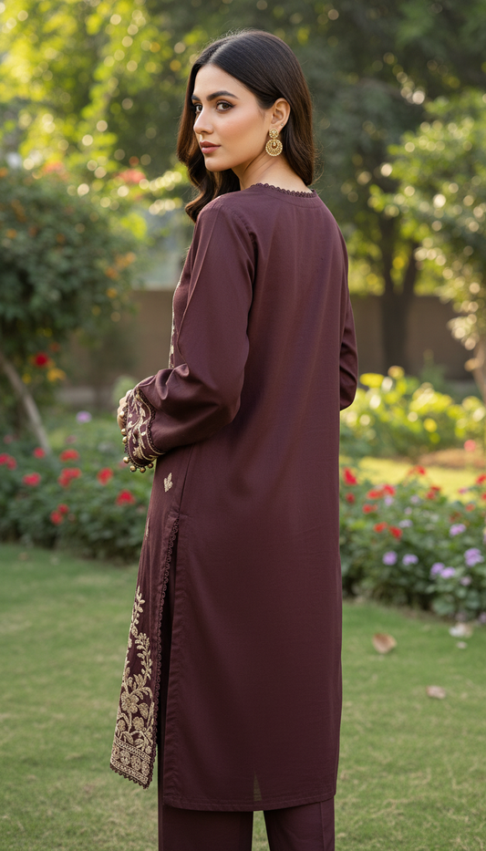 2-PC Deep Maroon Embroidered Lawn Suit AZ-02A