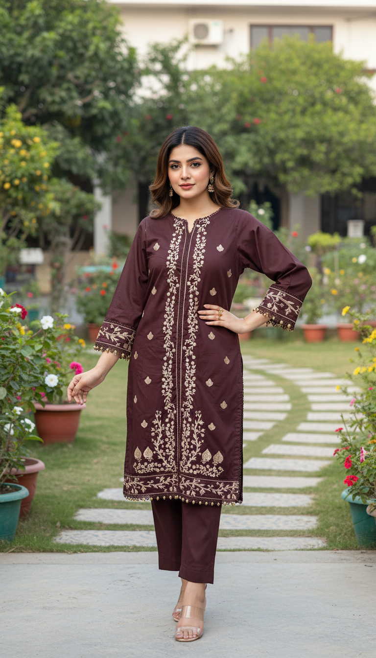 2-PC Deep Maroon Embroidered Lawn Suit AZ-02A