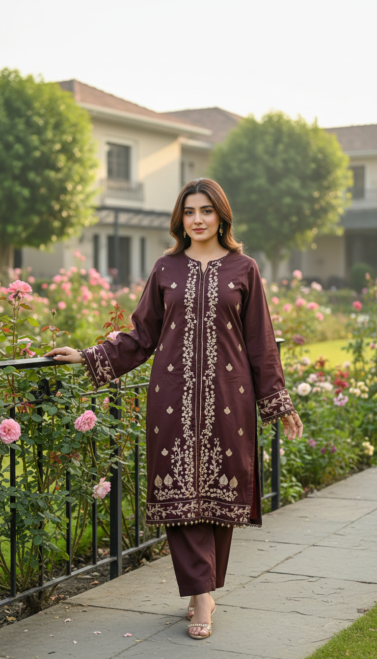 2-PC Deep Maroon Embroidered Lawn Suit AZ-02A