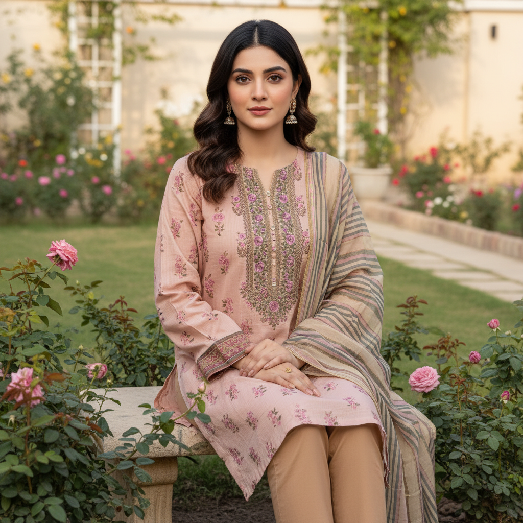 3-PC Blush Pink Embroidered Lawn Suit AZ-001