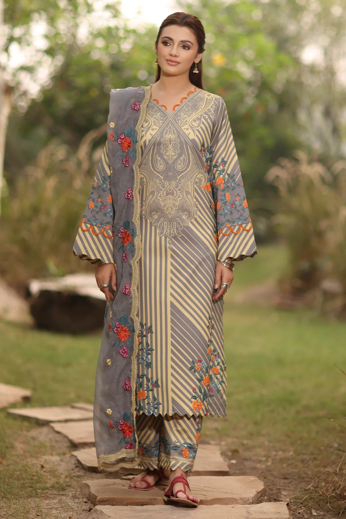 3-PC Printed Lawn Shirt with Embroidered Net Dupatta and Trouser