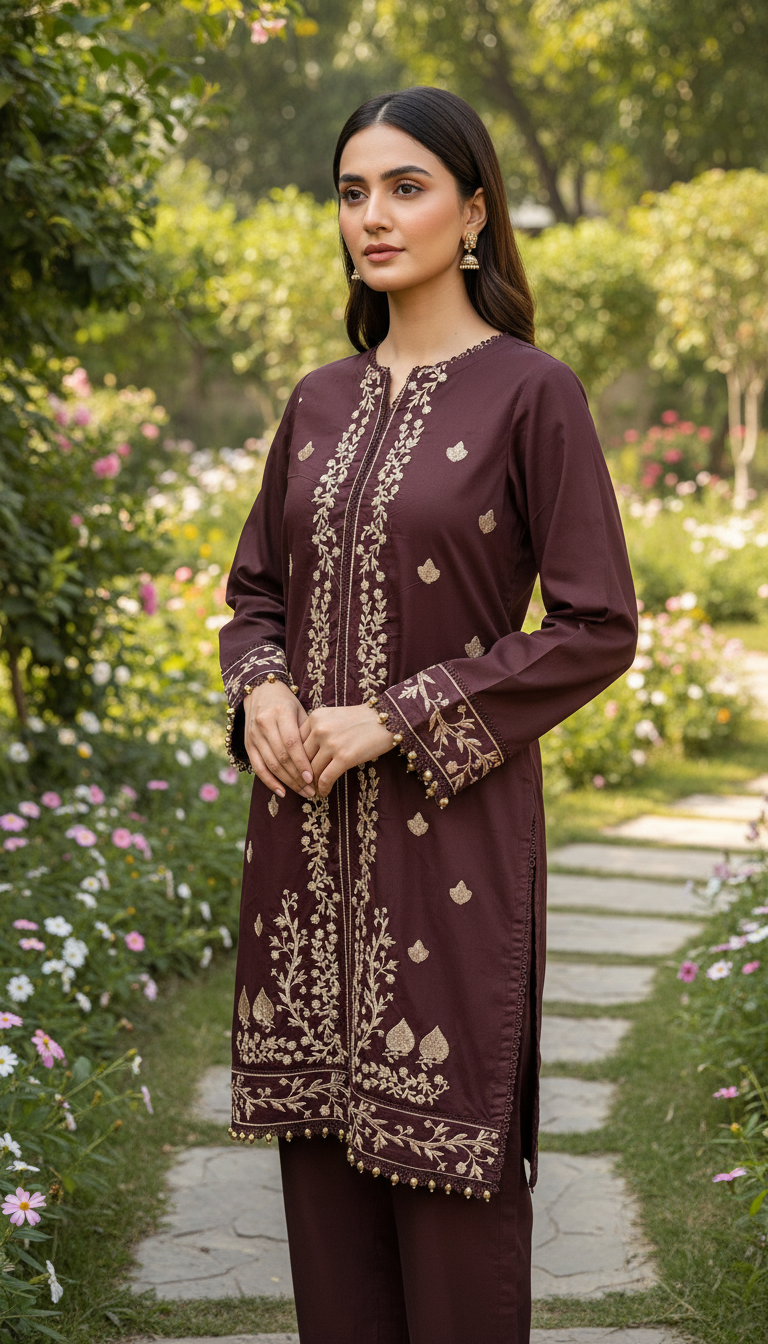 2-PC Deep Maroon Embroidered Lawn Suit AZ-02A