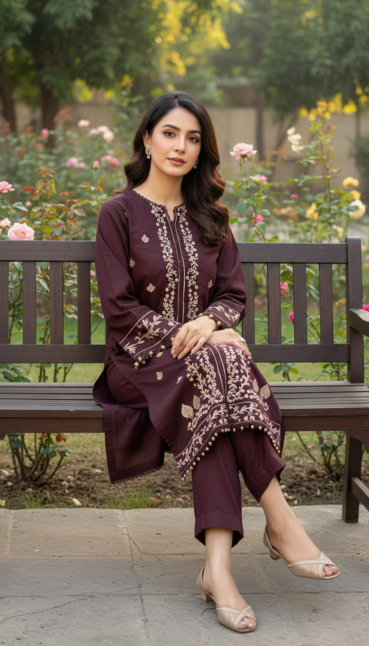 2-PC Deep Maroon Embroidered Lawn Suit AZ-02A