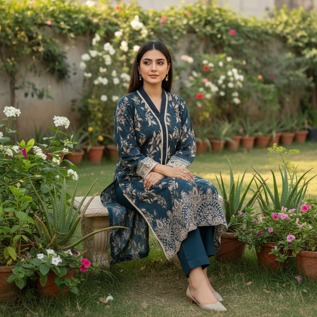 2-PC Midnight Blue Embroidered Lawn Suit AZ-002