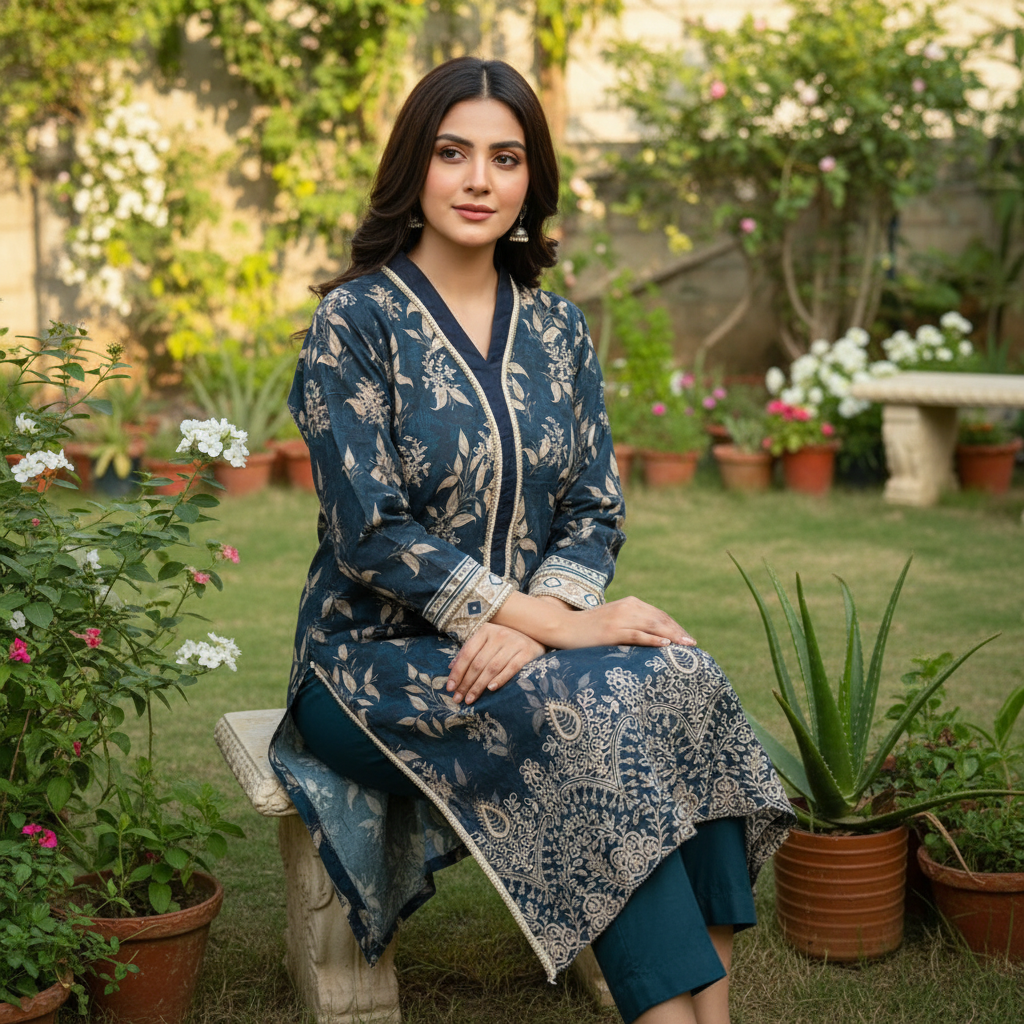 2-PC Midnight Blue Embroidered Lawn Suit AZ-002