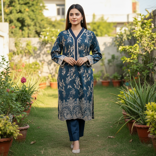 2-PC Midnight Blue Embroidered Lawn Suit AZ-002