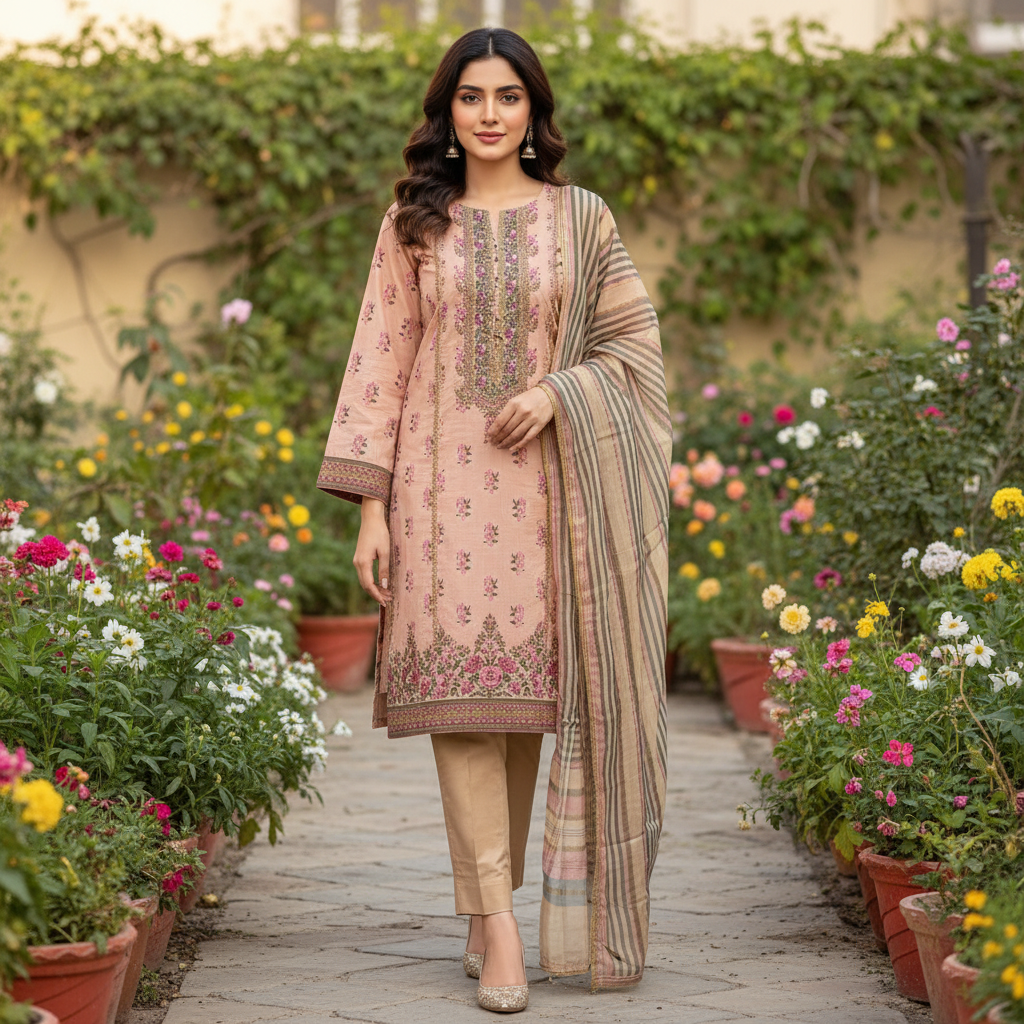 3-PC Blush Pink Embroidered Lawn Suit AZ-001